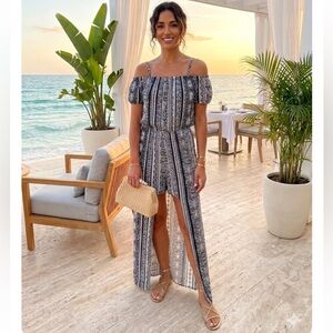 AS U WISH 1X Boho Off-Shoulder Maxi Romper Dress NWT Beach Resort Style